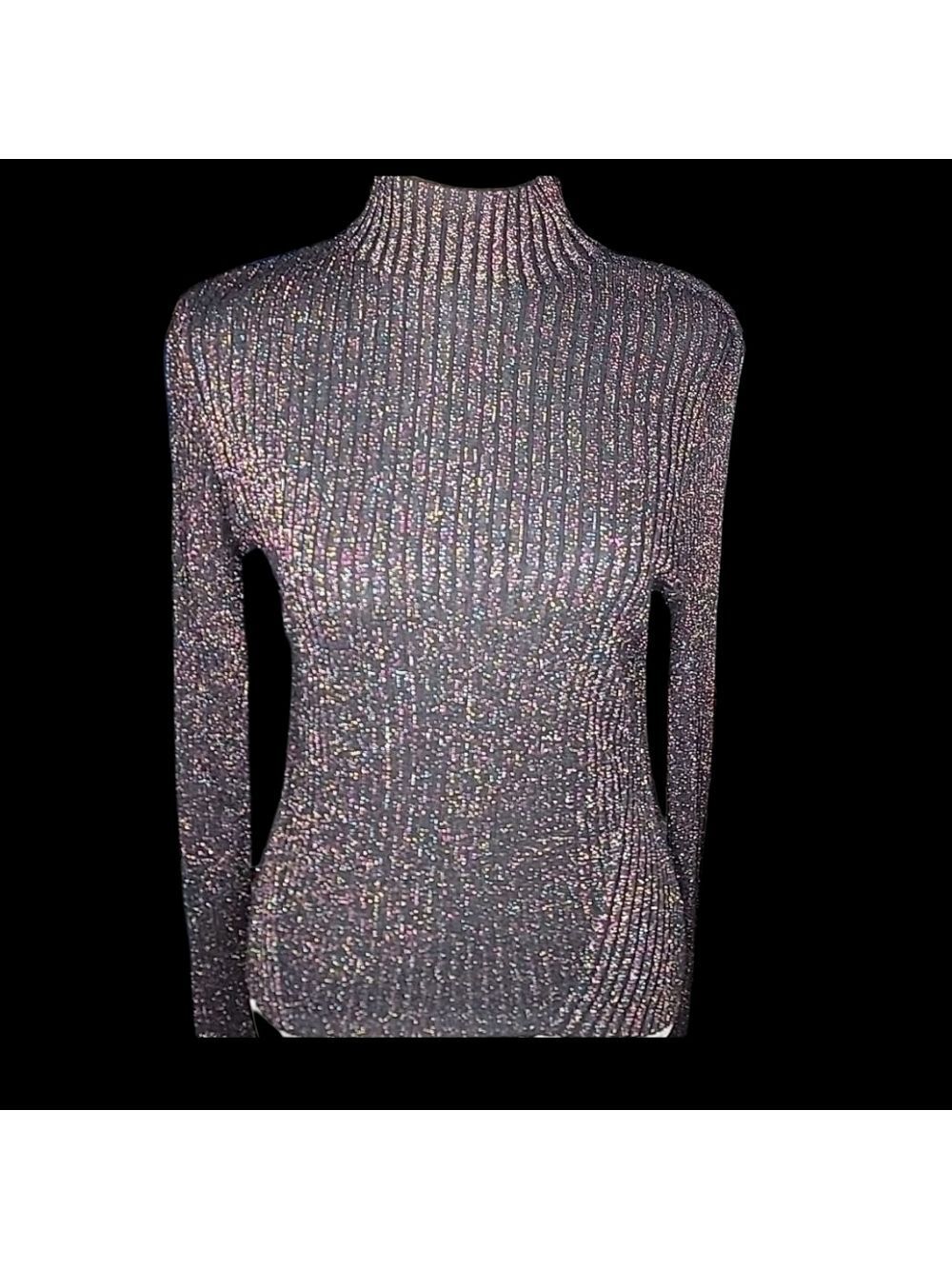 Shimmering Black Ribbed Turtleneck Top